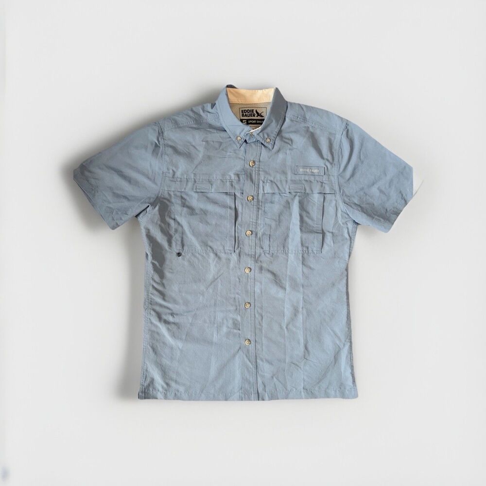Eddie Bauer Sport Shop Small Blue Short Sleeve Vented Back Fishing Shirt Men's